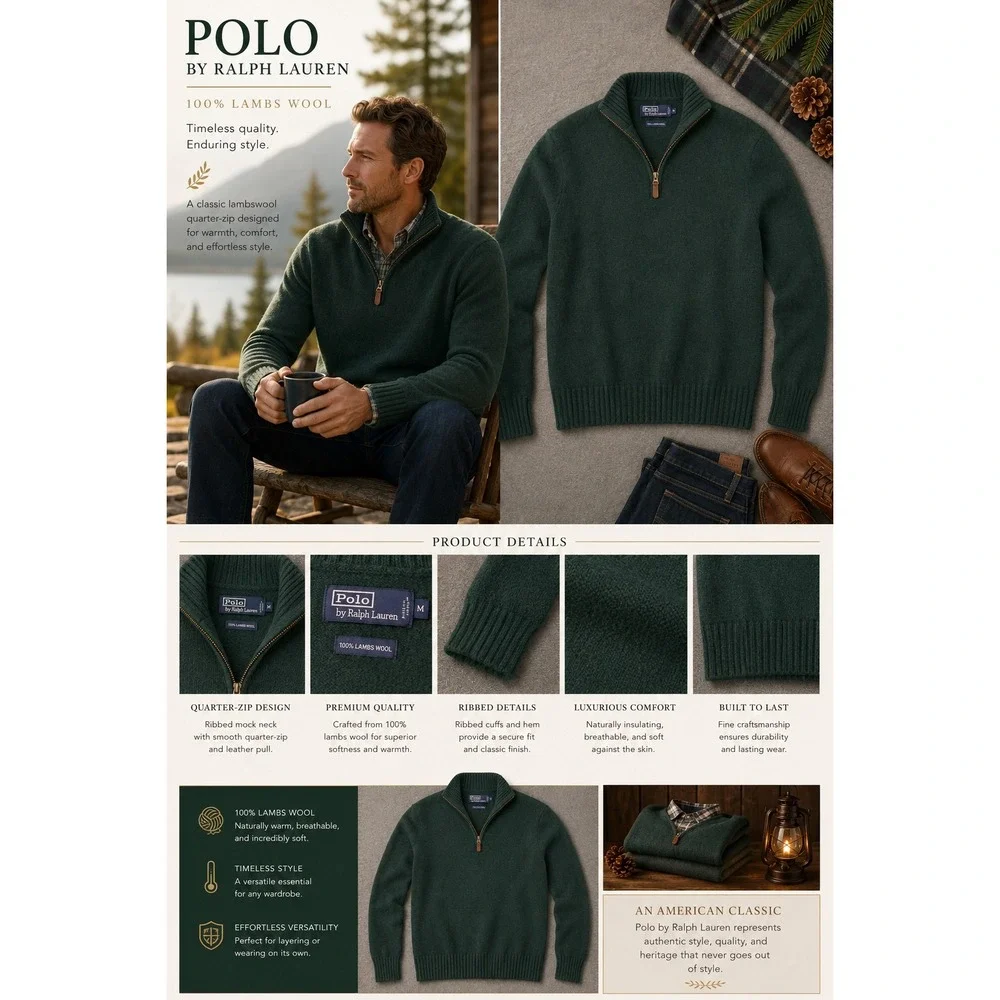 Polo Ralph Lauren Mens Green 100% Lambswool Quarter Zip Sweater Size M